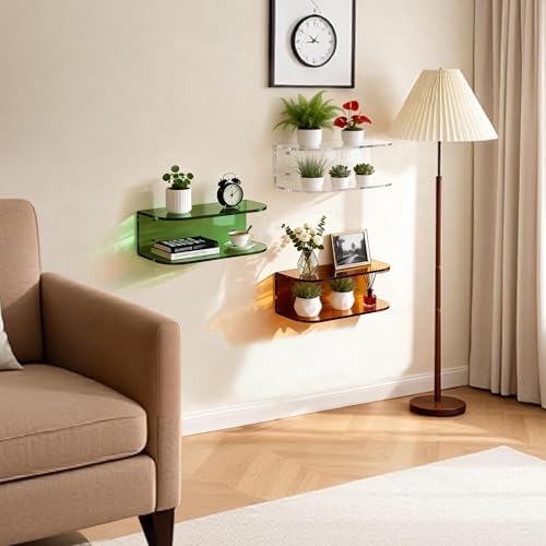 Acrylic Floating Nightstand, Wall Mounted Bedside Table Shelf (Green Set of 2, 15.7”×9.4“×5.9”)