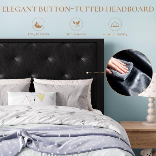 SHA CERLIN Twin Size Metal Bed Frame with PU Tufted Headboard, Black