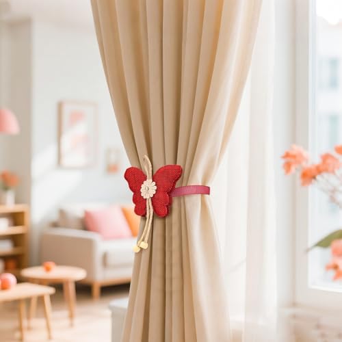 4 Pcs Cute Butterfly Curtain Holdbacks,Magnetic Curtain Tie Backs Decorative Rope for Living Room Bedroom Kitchen Bathroom Decoration (Red)
