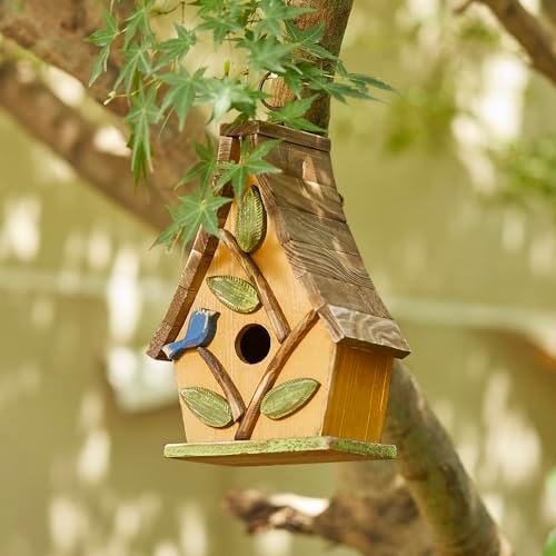 Glitzhome Bird Houses for Outside, Bluebird Houses for Outdoors, 9.5"H Hanging Bird House Decorative Solid Wood Birdhouse with Natural Wood Pallet Roof for Hummingbird,Sparrow,Wren Finch,Washed Yellow