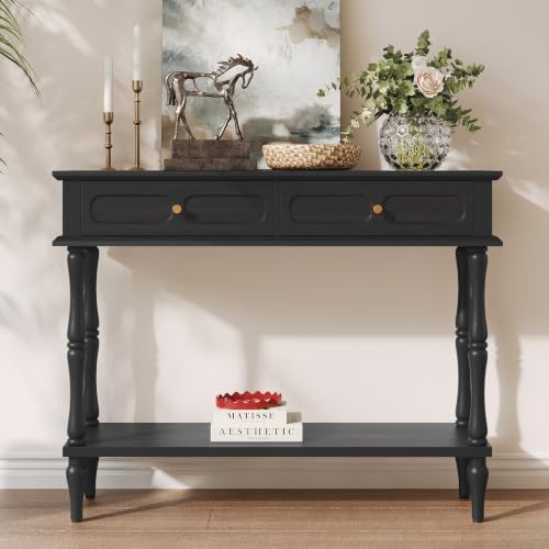 ARTPOWER 41" Mid-Century Console Table, 2 Drawers and Open Shelf, Black