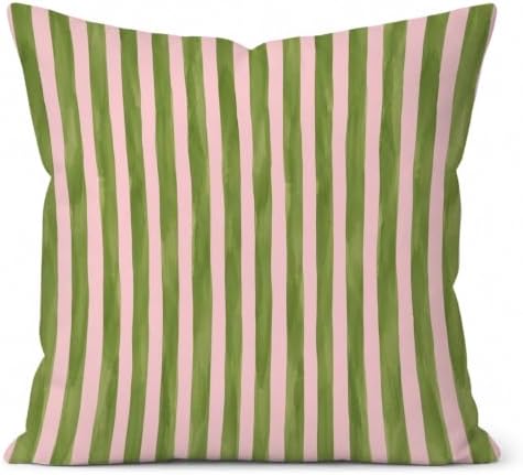 Cottagecore Pink Green Stripe Room Decor Pillow Cover 18x18,