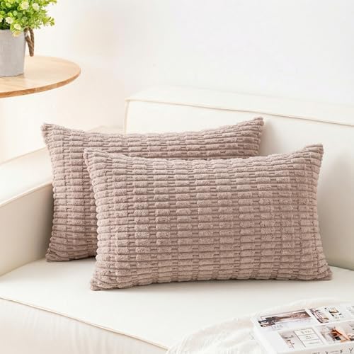 Pack of 2 Corduroy Decorative Throw Pillow Covers 12x24 Inch, Light Brown