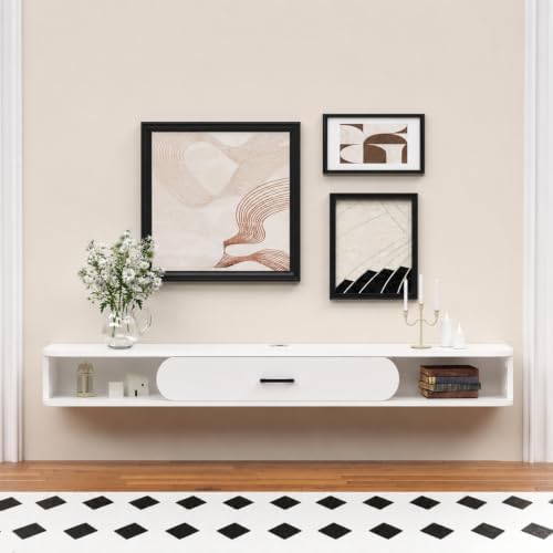 GHC Floating TV Stand, 65'' Wall Mounted TV Cabinet, Floating Shelves with Door, Media Console for DVD Player, Space-Saving Under TV Shelf for Living Room & Bedroom (White)