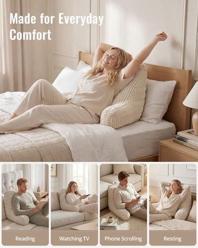 Blissful Diary Reading Pillow, Large Backrest Pillow with Shredded Memory Foam for Adult & Children, Designed for Bed and Couch Sitting Up, Includes Arms, Pockets and Washable Cover, Off White