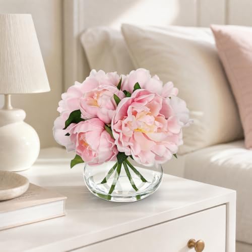 Hollyone Pink Peonies Artificial Flowers with Glass Vase Medium 7.8inch Faux Peonies Look Real Peony Fake Flowers Silk Flower Arrangements with Faux Water for Wedding Table Centerpiece Home Decor