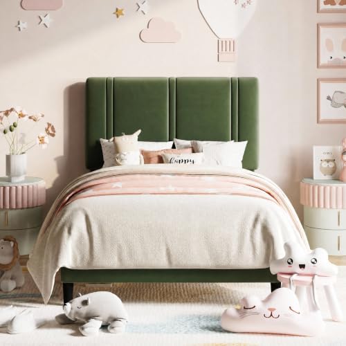 Allewie Twin Platform Bed Frame with Velvet Upholstered Headboard