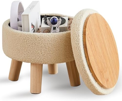 Wimarsbon Round Storage Ottoman,Footstool with Padded Seat and Wood Legs