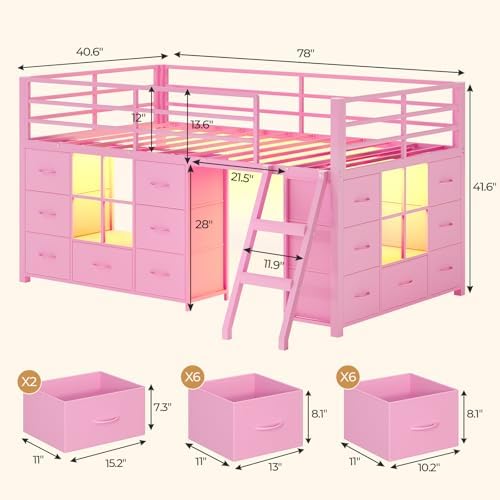 Low Loft Bed Twin Size with 14 Storage Drawers & 2 Shelves, Pink