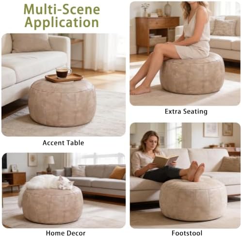 Thgonwid Unstuffed Moroccan Storage Pouf Foot Stool Ottoman Seat Handmade Faux Leather Bean Bag Floor Chair Foot Rest for Living Room, Bedroom or Balcony (Mushroom)
