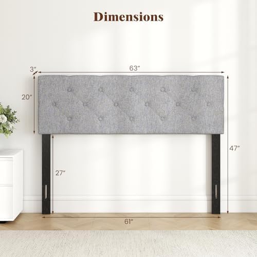 KOMFOTT Linen Upholstered Headboard for Full & Queen Size Bed Frame, Tufted Button Bed Headboard with Solid Rubber Wood Legs, Rectangular Headboard with Adjustable Width (Rhombic Button Tufted,Grey)