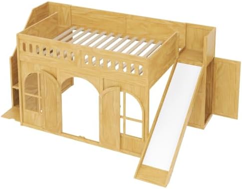 SOFTSEA Full Size Kids Loft Bed with Slide and Storage Stairs, Natural