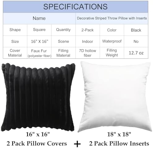 Decorative Throw Pillow with Inserts, Set of 2 Soft Faux Fur Throw Pillows, Square Boho Striped Pillow for Couch, Bed, Sofa Decor(Black, 16" x 16")