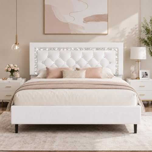 BarnFurin Full Size Bed Frame with Tufted Button Headboard, White