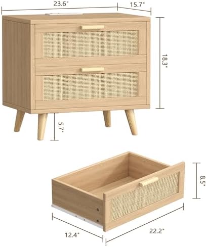 Keehusux 23.6" W Rattan Nightstand with Charging Station and 2 Drawers