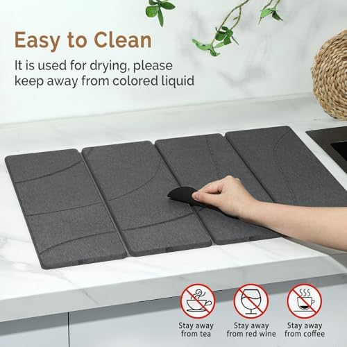 Large Stone Dish Drying Mat for Kitchen Counter, 2 PCS Quick Dry Stone Mats, Foldable Water Absorbing Diatomaceous Earth Drying Dishes Pad for Countertop Bottle Utensil Cup(Carved Gray 24"x16"&8"x4")