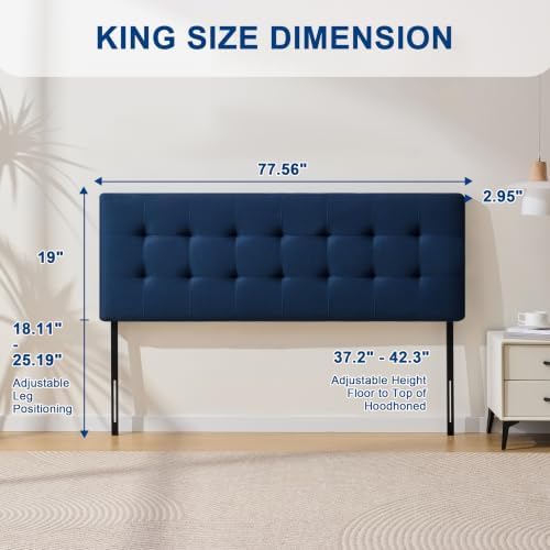 Linen Stitched Tufted King Headboard, Adjustable Height 37.2-42.3 in, Blue