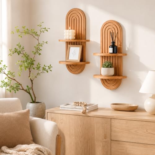 2 Pcs Wooden Rainbow Arch Wall Shelf with Double Tier Design
