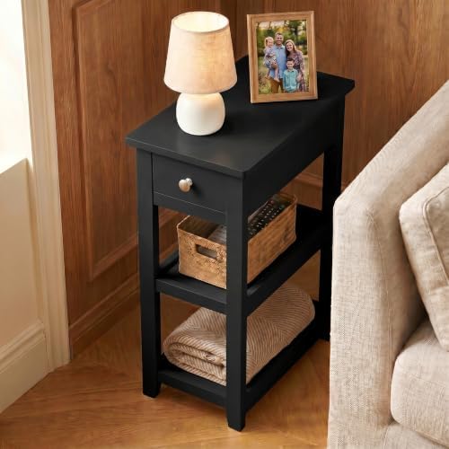 SEJOV Narrow Side Table, Small Black End Table with Drawer and 2 Shelves