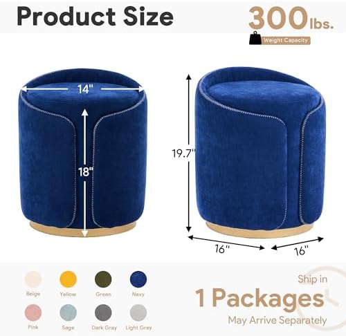 Swivel Vanity Stool with Back Comfy Vanity Chair with Gold Base Modern Round Stool for Makeup Vanity Ottoman Foot Rest for Bedroom livingroom (Navy)
