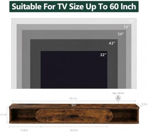 GHC Floating TV Stand, 65'' Wall Mounted TV Cabinet, Floating Shelves with Door, Media Console for DVD Player, Space-Saving Under TV Shelf for Bedroom & Living Room (Rustic Brown)