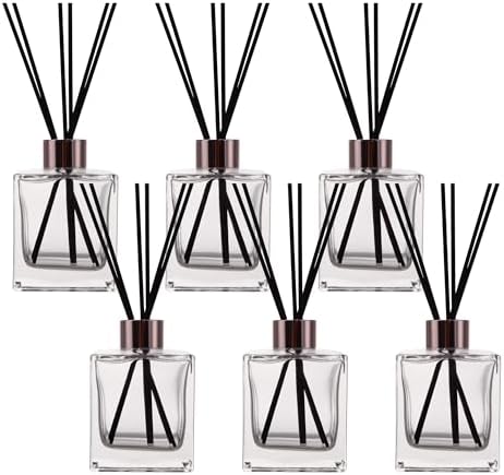 6 Pack Perfume Reed Diffuser Bottle,Empty Square Essential Oil Bottles Glass Jar with Black Sticks for DIY Fragrance Replacement Diffuser Sets (200ml/6.8 oz, Transparent Color)