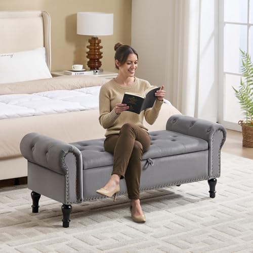 51" Storage Bench for Bedroom, Velvet End of Bed Bench, Queen Size Bench with Rolled Arms, Tufted Storage Ottoman Benches, Upholstered Bench for Bedroom, Living Room, Entryway, Grey