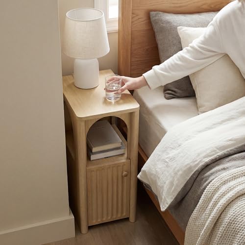 Narrow Nightstand with Charging Station, Slim Wood Bedside Table