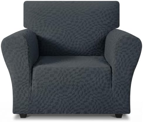 ZNSAYOTX 1 Piece Stretch Chair Cover with Arms (34"-44"), New Plaid Armchair Cover with Elastic Band for Living Room, Ultimate Soft Cozy Washable Chair Slipcover Form Fit Protector, Dark Grey