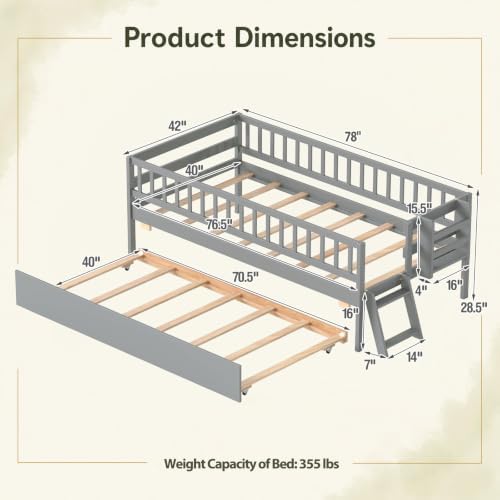 KOMFOTT Twin Bed Frame with Trundle & Bookshelf, Trundle Bed for Kids, Grey