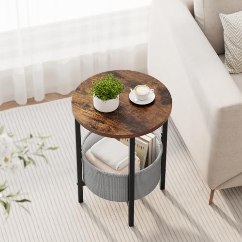 Vagusicc Small Round Side Table, Accent End Table with Fabric Basket, Drink Table Coffee Table for Small Spaces, Sofa Corner Table,Bedside Table,Modern Nightstand for Living Room,Bedroom, Rustic Brown