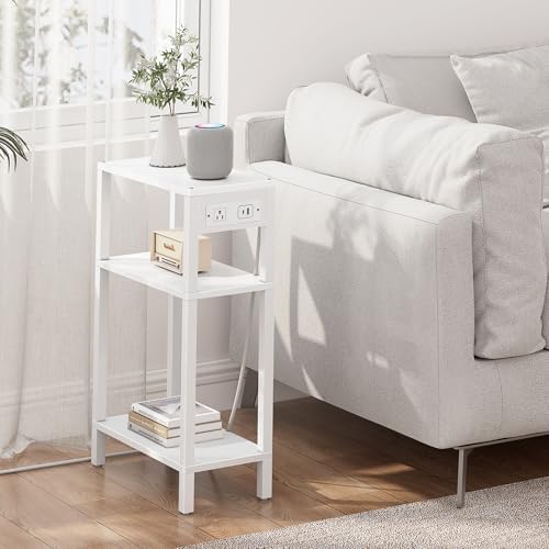 TUTOTAK Narrow Side Table, 3-Tier Small End Table with Charging Station
