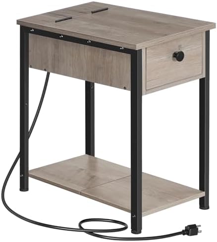 HOOBRO End Tables Living Room, Narrow Side Table with Charging Station, 3-Tier Small Bedside Table with Drawer, Storage Shelves, for Small Spaces, Bedroom, Greige and Black BG041BZ01G1
