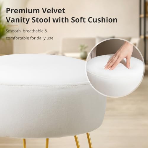 LUE BONA Vanity Stool, White Vanity Stools for Makeup Room, Round Ottoman Foot Stool, Velvet Footrest Vanity Chair for Bathroom Vanity, Bedroom, Living Room, Entryway, Offices