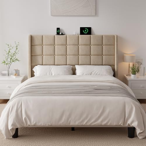 ONBRILL Ergonomic Headboard Queen Size with Charging Station, Beige