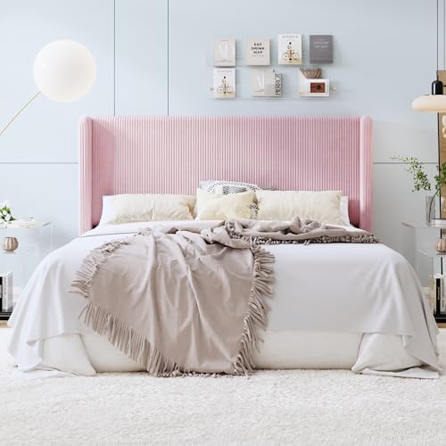 SHA CERLIN King Corduroy Platform Bed with Tufted Wingback Headboard, Pink