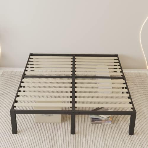18 inch Queen Size Bed Frame with Wood Slats - 3500lbs Heavy Duty No Box Spring Needed Platform, Mattress Stoppers Double Metal Noise Free Bedframe with Headboard Hole