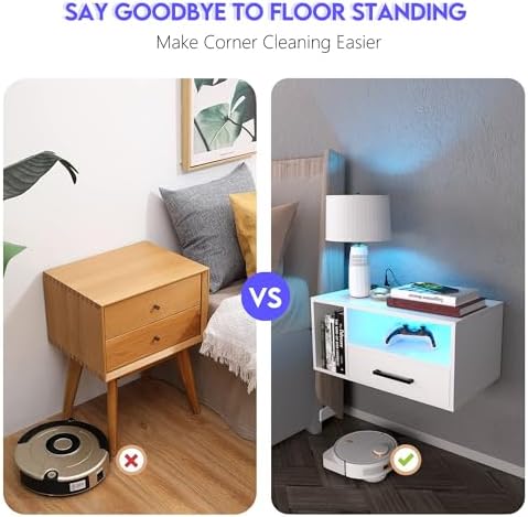Homaterial Floating Nightstand with Charging Station & Lights, White