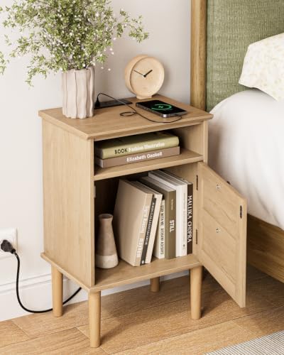 Nightstand with Charging Station, Boho Night Stand with 1 Drawer, Modern Side Accent Table with Open Shelf, Wooden Top Bedside End Table for Bedroom, Living Room, Natural