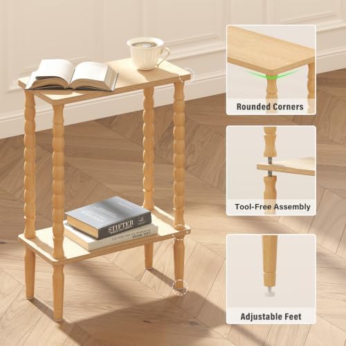TUTOTAK Narrow Side Table with Solid Wood Legs, 2-Tier Small End Table