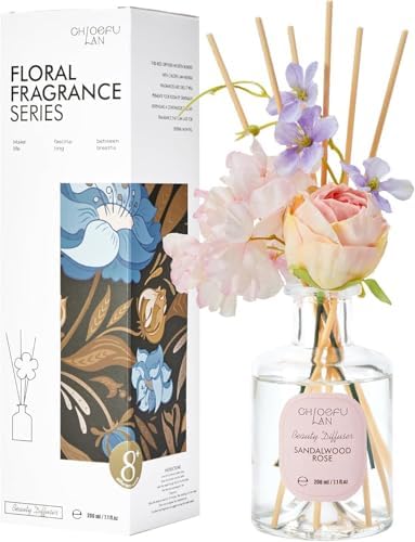 Chloefu Lan Premium Reéd Diffuser Set with Pink & Purple Flowers Reéd Diffuser Sticks Sandalwood Rose | 6.7oz Scent Fragrance Oil Diffuser for Bedroom Bathroom Home Shelf Décor