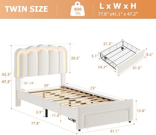 Twin Upholstered LED Bed Frame with Storage Drawer and Adjustable Chic Double Wavy Headboard, Velvet Princess Platform Bed for Kids/Girls, Solid Wood Slats Support, No Box Spring Needed, Beige