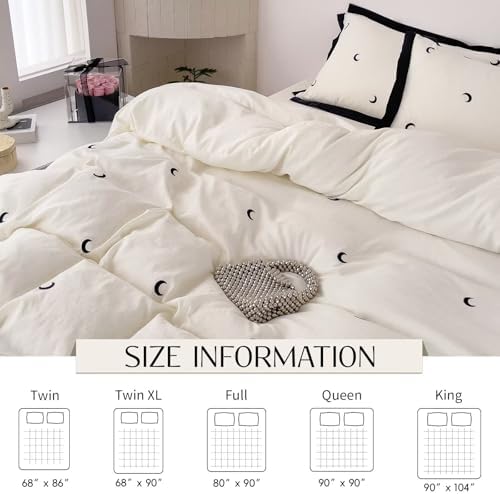 Beige Moon Duvet Cover Set Queen Size 3 Pcs(1 Duvet Cover with 2 Pillowcases),Soft Brushed Wash Fall Winter Warm Comforter Covers with Ruffles,Twin Bedding Set for Teen Girls 90"×90"