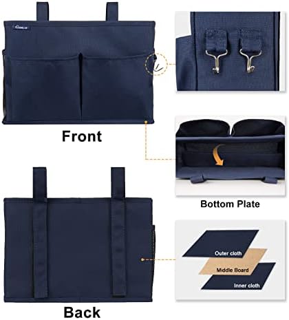 Surblue Bedside Caddy Hanging Organizer Storage Bag Pocket for Bunk, Hospital, College Dorm Rooms, Baby Bed Rails, Camp - 4 Pockets, 2 Hooks (Blue)