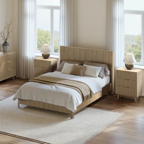 Evermagin Queen Bedroom Set, Platform Bed Frame & 3-Drawer Nightstands, Oak