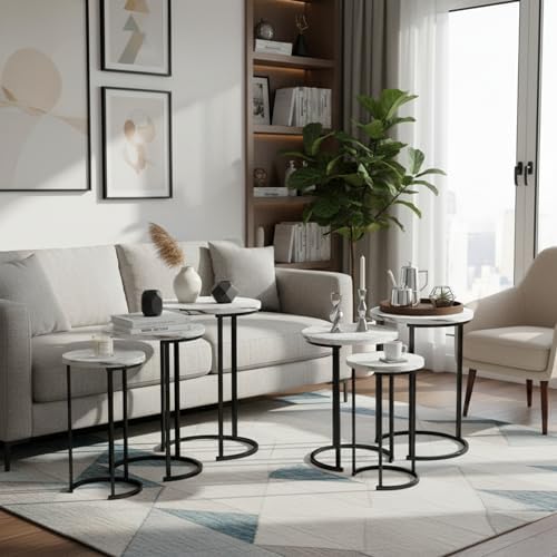 Lavish Home Round Nesting Tables Set of 6, Faux Marble Tabletop, White