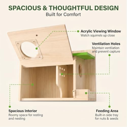 Large Squirrel Houses for Outside, Squirrels Nesting Box with Acrylic Viewing Window, Wood Squirrel Box with Feeder, Backyard Squirrel Shelter Squirrels Feeders for Outside