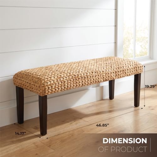 Solid Acacia Wood Entryway Bench with Water Hyacinth Woven Seat, Black Leg