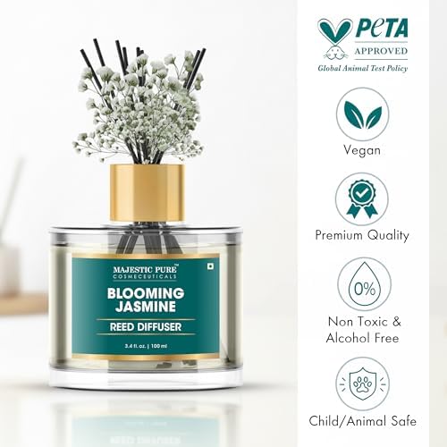 Majestic Pure Blooming Jasmine Reed Diffuser for Home, Bathroom & Office | Natural Aromatherapy Air Freshener & Room Fragrance, with Reed Sticks & Dried Flowers 3.4 fl oz