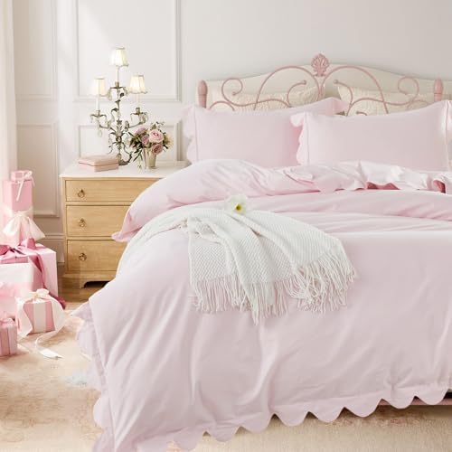 Brandream Organic Cotton Scallop Edge Duvet Cover Set Queen/Full Size Solid Pink Girls Bedding Size Soft Breathable Luxury Bed Set Luxury Grandmillennial Cottagecore Coquette Duvet Cover Shams Set